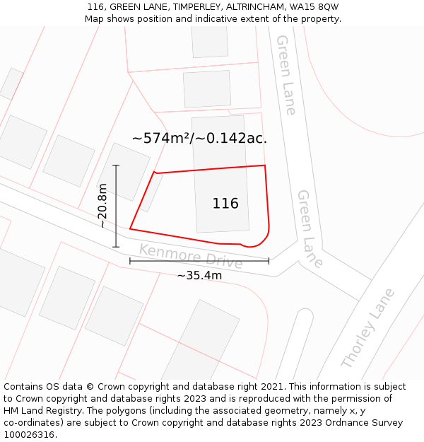 116, GREEN LANE, TIMPERLEY, ALTRINCHAM, WA15 8QW: Plot and title map