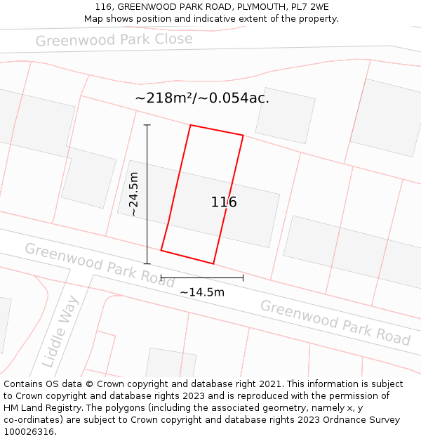 116, GREENWOOD PARK ROAD, PLYMOUTH, PL7 2WE: Plot and title map