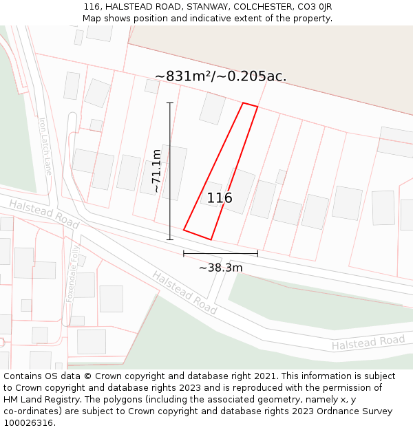 116, HALSTEAD ROAD, STANWAY, COLCHESTER, CO3 0JR: Plot and title map