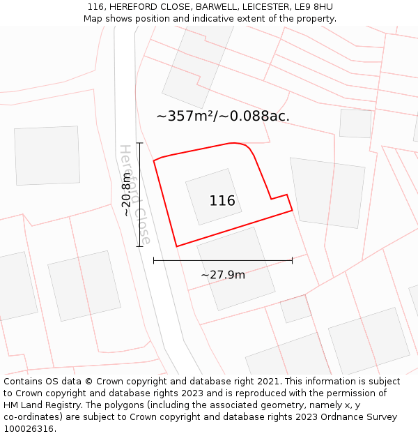 116, HEREFORD CLOSE, BARWELL, LEICESTER, LE9 8HU: Plot and title map