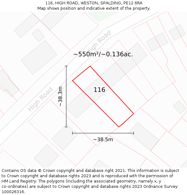 116, HIGH ROAD, WESTON, SPALDING, PE12 6RA: Plot and title map