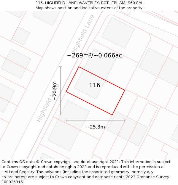 116, HIGHFIELD LANE, WAVERLEY, ROTHERHAM, S60 8AL: Plot and title map