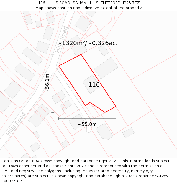 116, HILLS ROAD, SAHAM HILLS, THETFORD, IP25 7EZ: Plot and title map