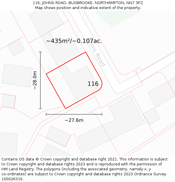 116, JOHNS ROAD, BUGBROOKE, NORTHAMPTON, NN7 3PZ: Plot and title map