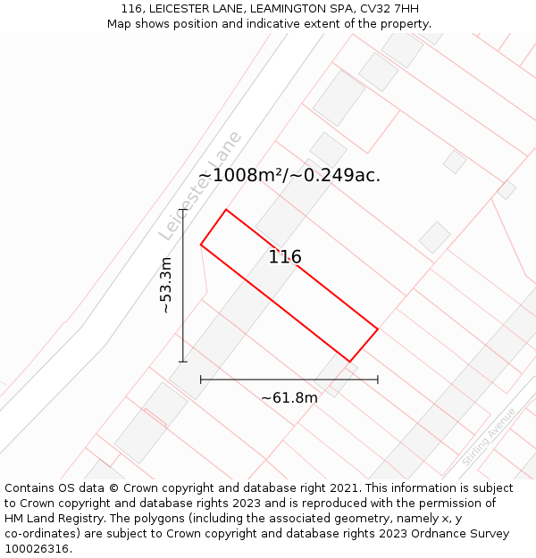 116, LEICESTER LANE, LEAMINGTON SPA, CV32 7HH: Plot and title map