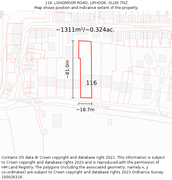 116, LONGMOOR ROAD, LIPHOOK, GU30 7NZ: Plot and title map