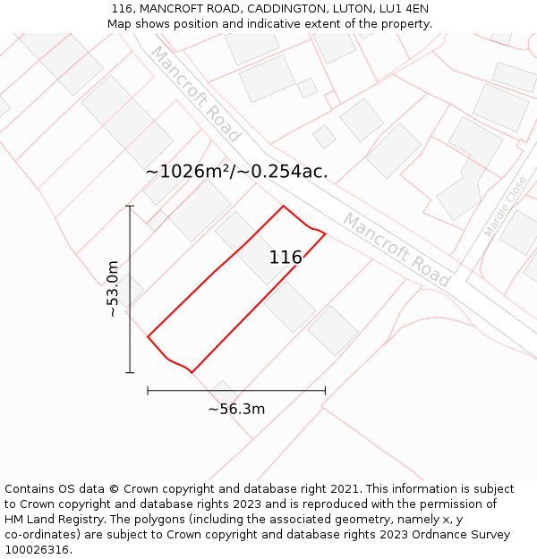 116, MANCROFT ROAD, CADDINGTON, LUTON, LU1 4EN: Plot and title map