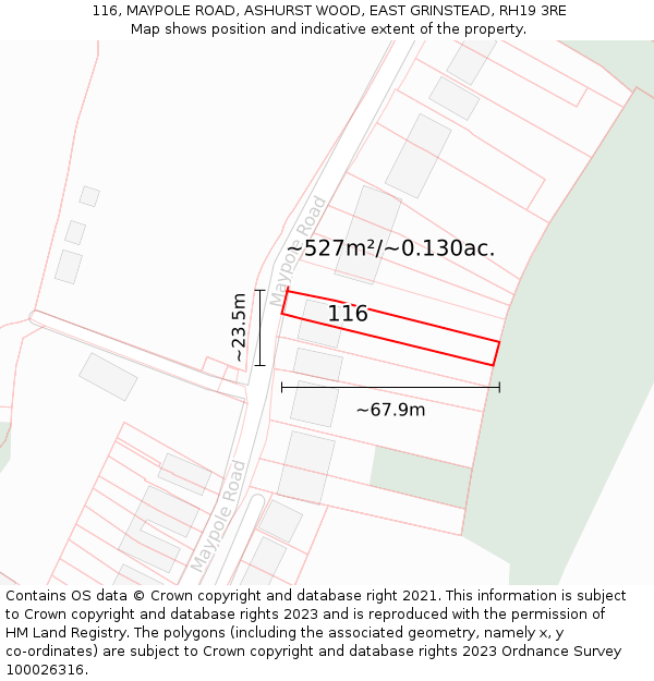 116, MAYPOLE ROAD, ASHURST WOOD, EAST GRINSTEAD, RH19 3RE: Plot and title map