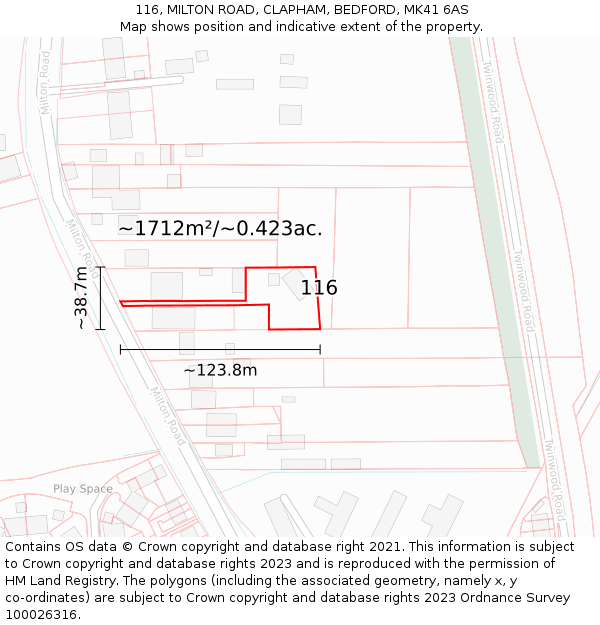 116, MILTON ROAD, CLAPHAM, BEDFORD, MK41 6AS: Plot and title map