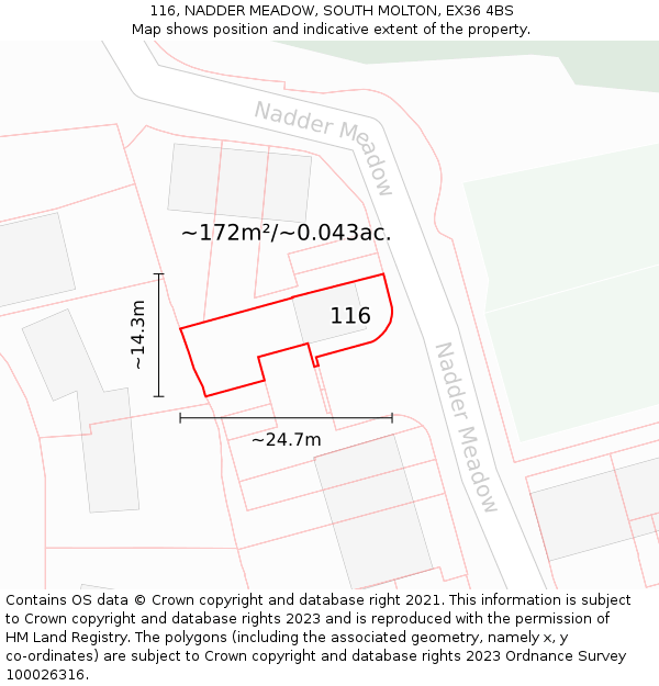 116, NADDER MEADOW, SOUTH MOLTON, EX36 4BS: Plot and title map