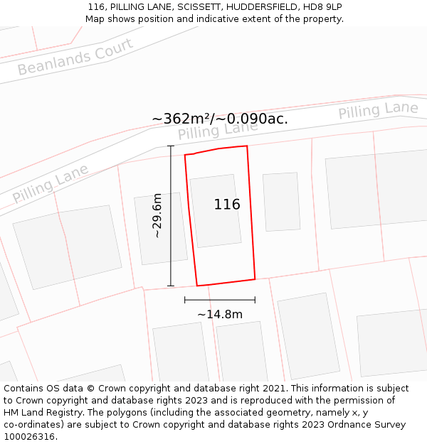 116, PILLING LANE, SCISSETT, HUDDERSFIELD, HD8 9LP: Plot and title map