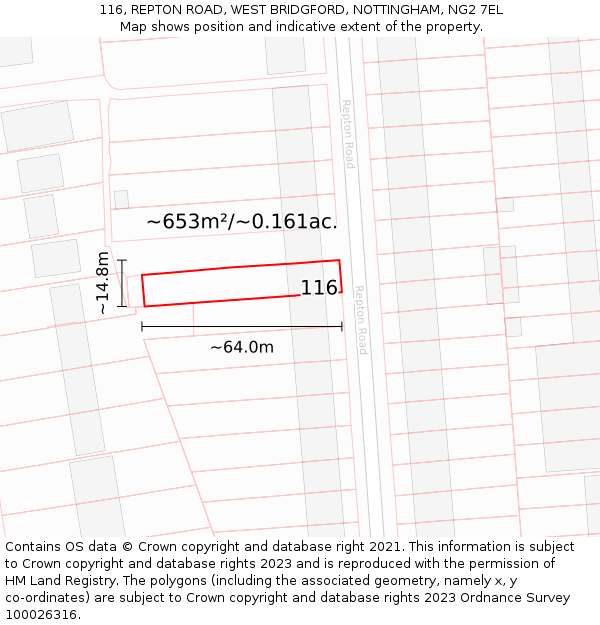 116, REPTON ROAD, WEST BRIDGFORD, NOTTINGHAM, NG2 7EL: Plot and title map