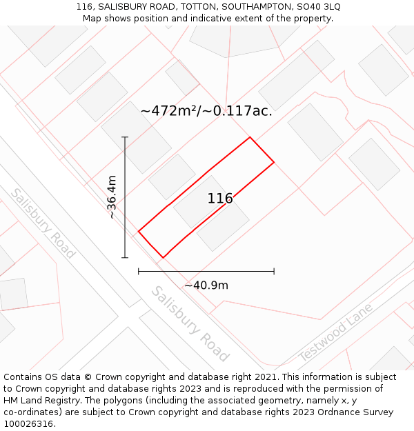 116, SALISBURY ROAD, TOTTON, SOUTHAMPTON, SO40 3LQ: Plot and title map