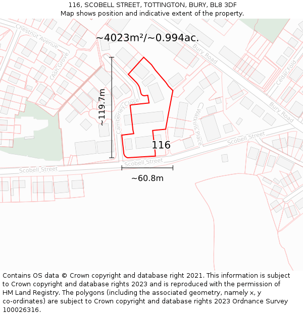 116, SCOBELL STREET, TOTTINGTON, BURY, BL8 3DF: Plot and title map