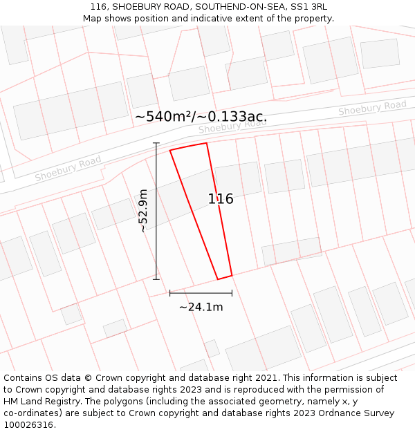 116, SHOEBURY ROAD, SOUTHEND-ON-SEA, SS1 3RL: Plot and title map