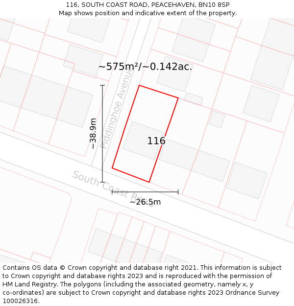 116, SOUTH COAST ROAD, PEACEHAVEN, BN10 8SP: Plot and title map