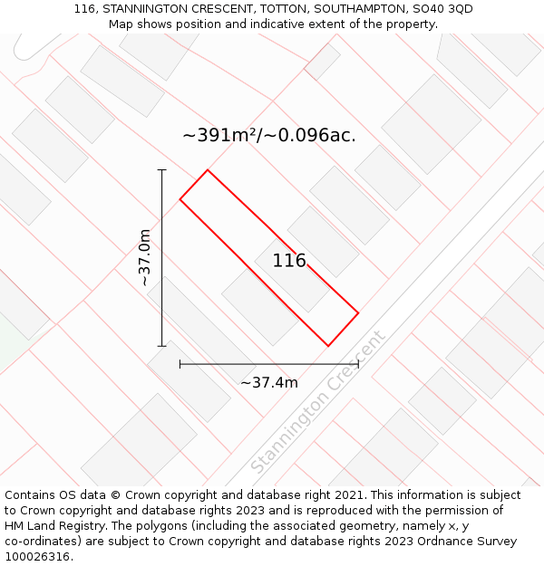 116, STANNINGTON CRESCENT, TOTTON, SOUTHAMPTON, SO40 3QD: Plot and title map