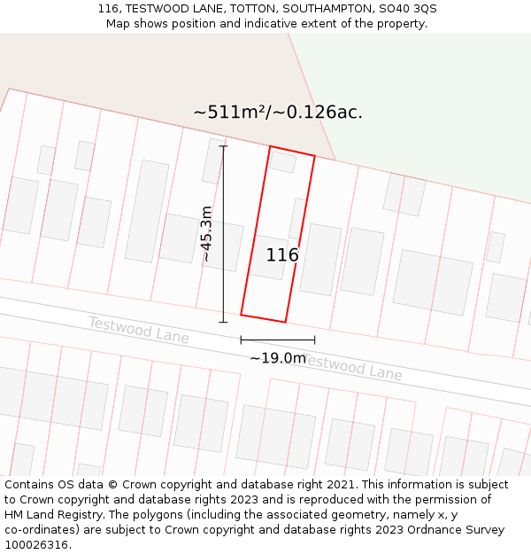 116, TESTWOOD LANE, TOTTON, SOUTHAMPTON, SO40 3QS: Plot and title map