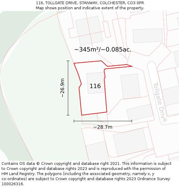 116, TOLLGATE DRIVE, STANWAY, COLCHESTER, CO3 0PR: Plot and title map