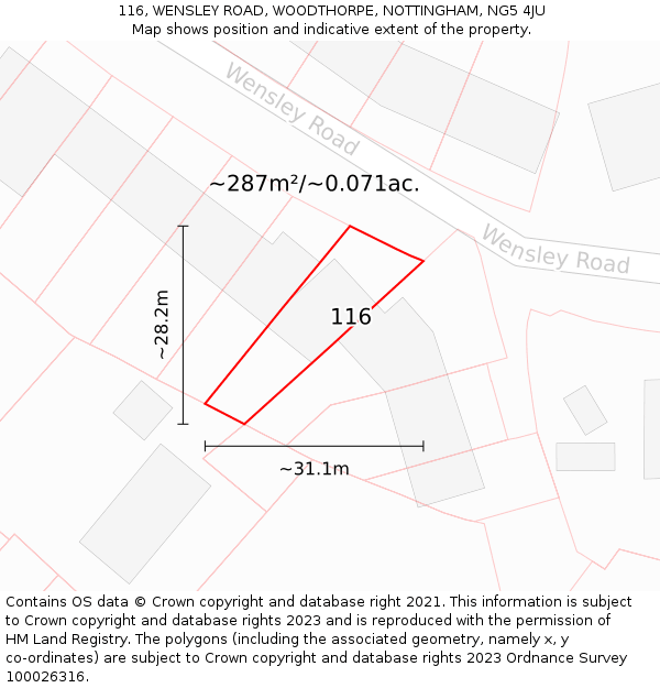 116, WENSLEY ROAD, WOODTHORPE, NOTTINGHAM, NG5 4JU: Plot and title map