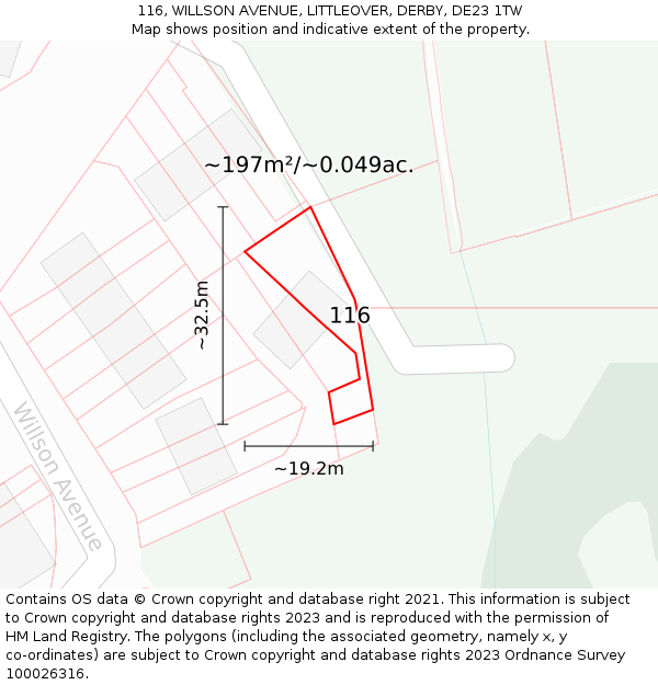 116, WILLSON AVENUE, LITTLEOVER, DERBY, DE23 1TW: Plot and title map