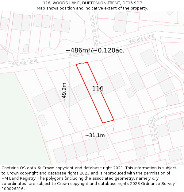 116, WOODS LANE, BURTON-ON-TRENT, DE15 9DB: Plot and title map