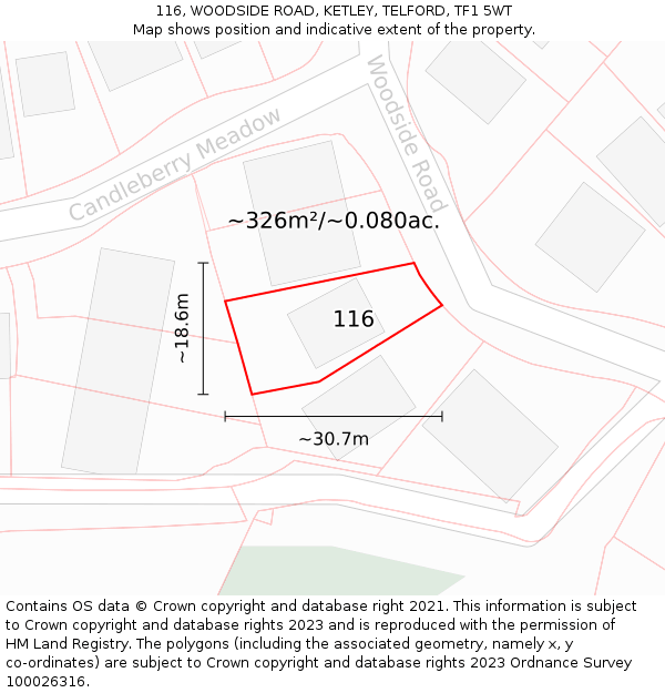 116, WOODSIDE ROAD, KETLEY, TELFORD, TF1 5WT: Plot and title map