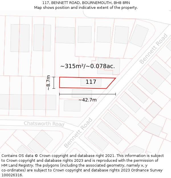 117, BENNETT ROAD, BOURNEMOUTH, BH8 8RN: Plot and title map