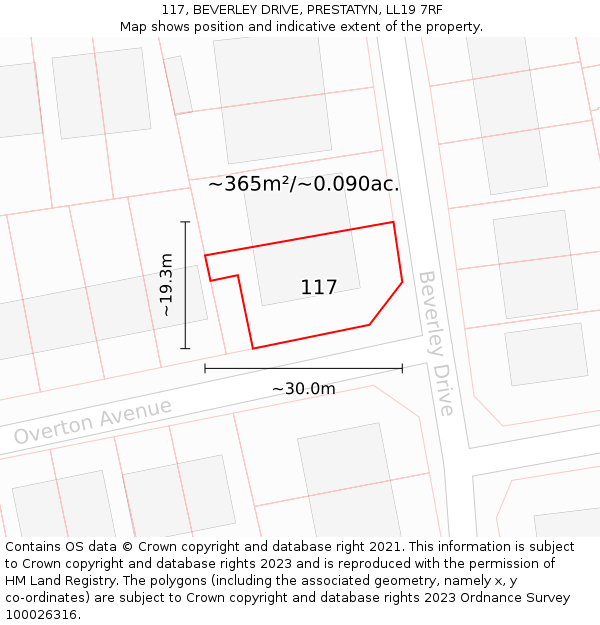 117, BEVERLEY DRIVE, PRESTATYN, LL19 7RF: Plot and title map