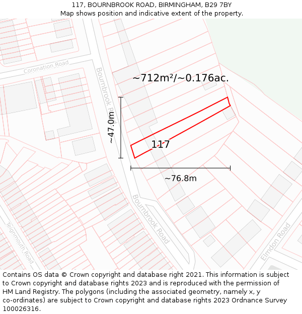 117, BOURNBROOK ROAD, BIRMINGHAM, B29 7BY: Plot and title map