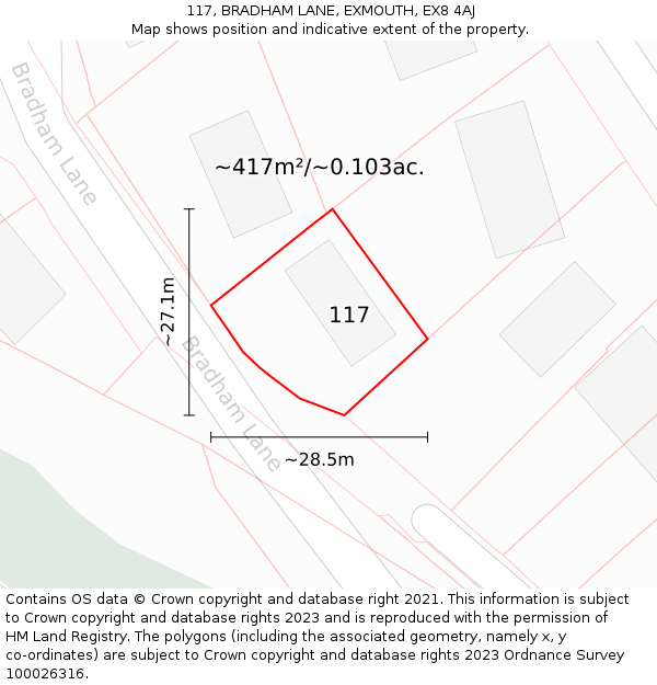 117, BRADHAM LANE, EXMOUTH, EX8 4AJ: Plot and title map