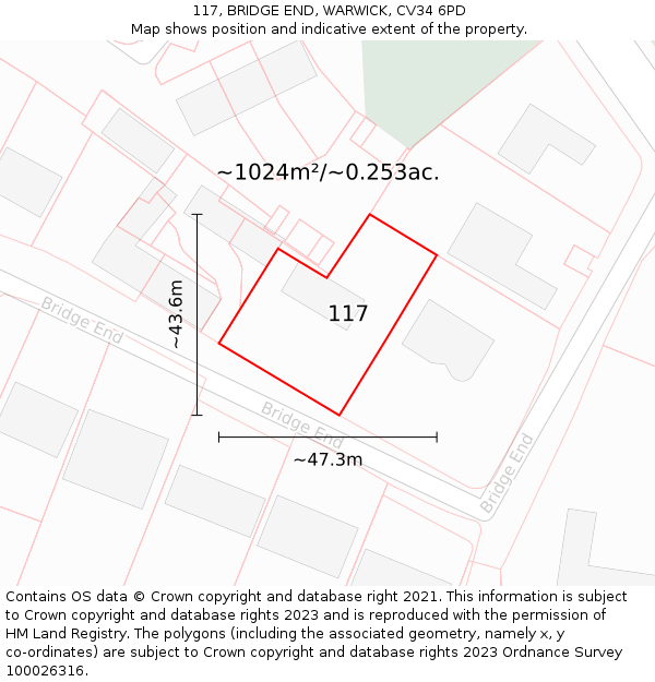 117, BRIDGE END, WARWICK, CV34 6PD: Plot and title map