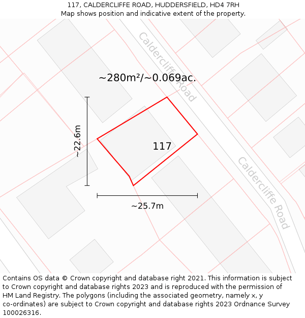 117, CALDERCLIFFE ROAD, HUDDERSFIELD, HD4 7RH: Plot and title map