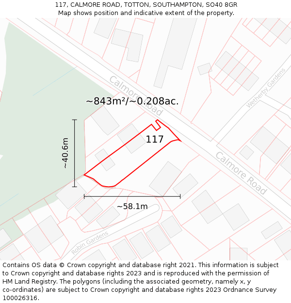 117, CALMORE ROAD, TOTTON, SOUTHAMPTON, SO40 8GR: Plot and title map