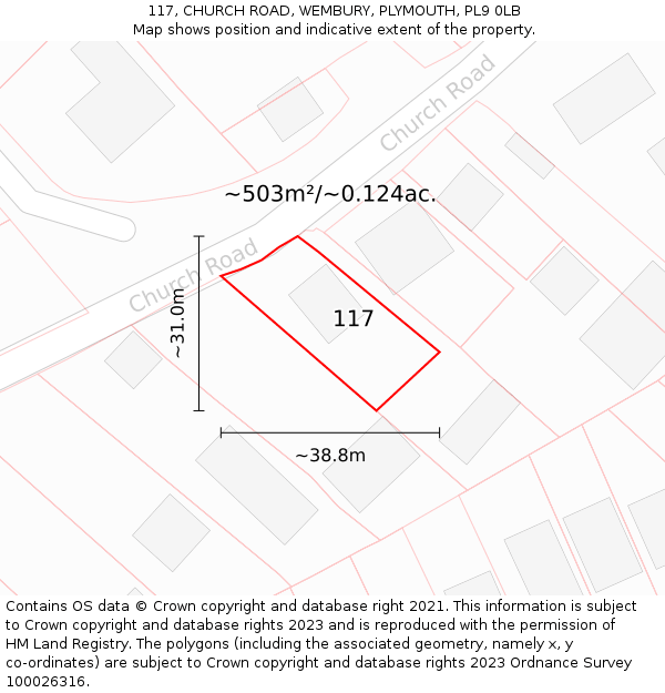 117, CHURCH ROAD, WEMBURY, PLYMOUTH, PL9 0LB: Plot and title map