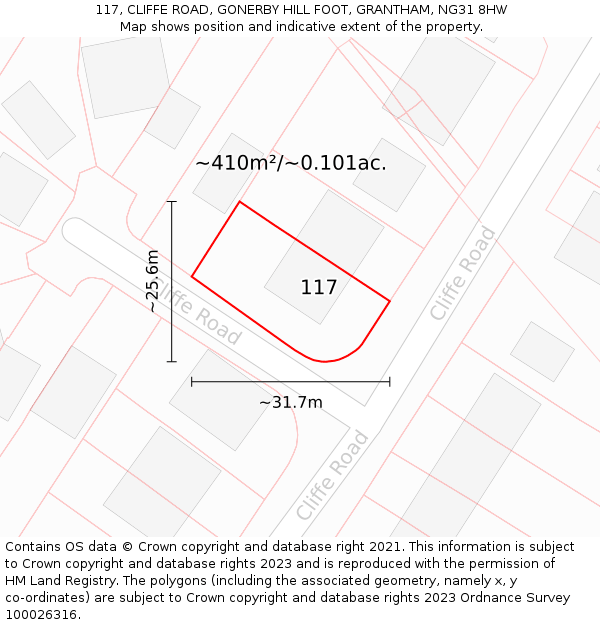 117, CLIFFE ROAD, GONERBY HILL FOOT, GRANTHAM, NG31 8HW: Plot and title map