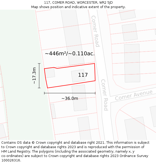 117, COMER ROAD, WORCESTER, WR2 5JD: Plot and title map