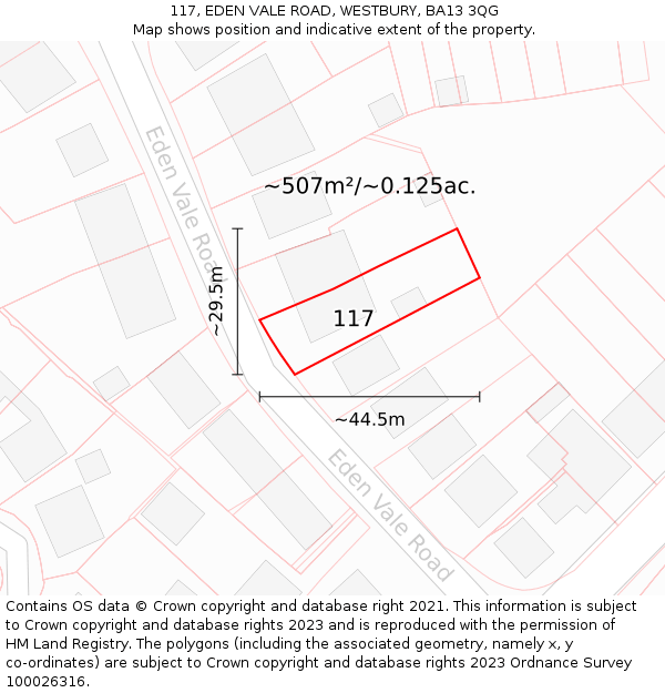 117, EDEN VALE ROAD, WESTBURY, BA13 3QG: Plot and title map