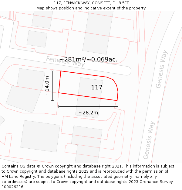 117, FENWICK WAY, CONSETT, DH8 5FE: Plot and title map