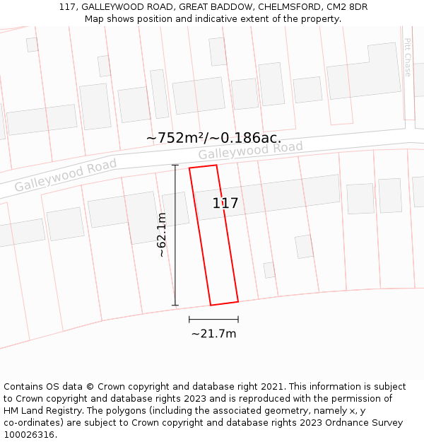 117, GALLEYWOOD ROAD, GREAT BADDOW, CHELMSFORD, CM2 8DR: Plot and title map