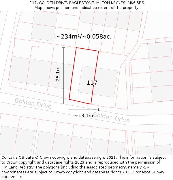 117, GOLDEN DRIVE, EAGLESTONE, MILTON KEYNES, MK6 5BS: Plot and title map