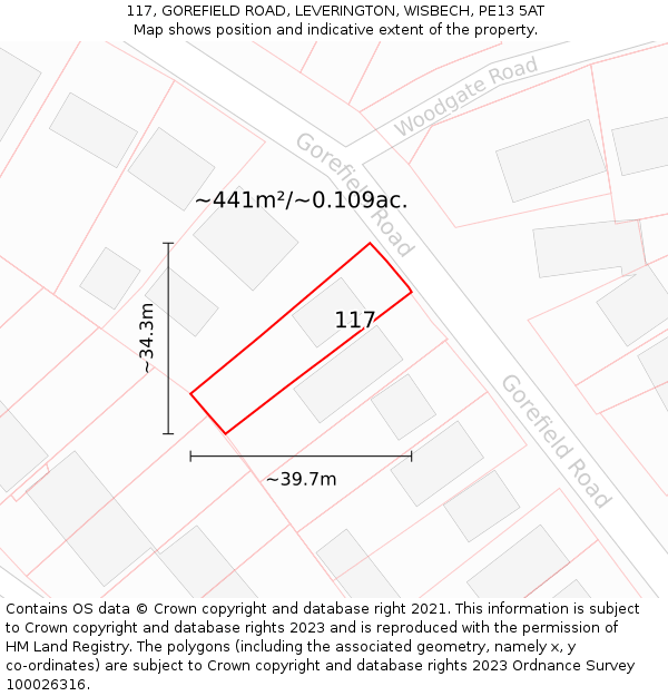 117, GOREFIELD ROAD, LEVERINGTON, WISBECH, PE13 5AT: Plot and title map