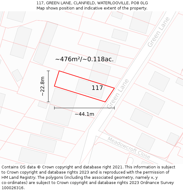 117, GREEN LANE, CLANFIELD, WATERLOOVILLE, PO8 0LG: Plot and title map