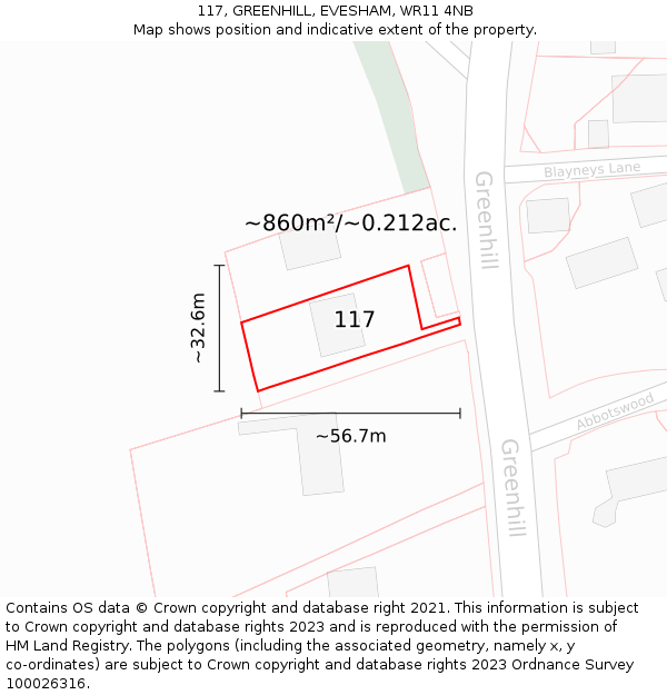 117, GREENHILL, EVESHAM, WR11 4NB: Plot and title map