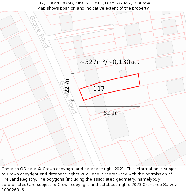 117, GROVE ROAD, KINGS HEATH, BIRMINGHAM, B14 6SX: Plot and title map