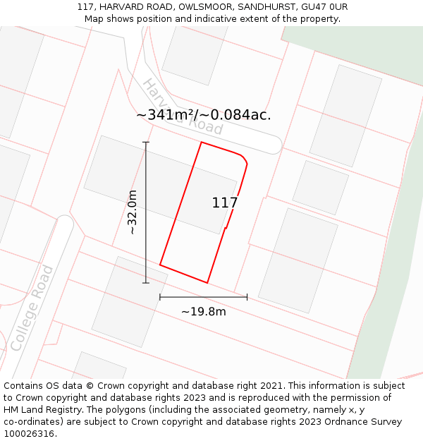 117, HARVARD ROAD, OWLSMOOR, SANDHURST, GU47 0UR: Plot and title map