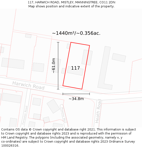 117, HARWICH ROAD, MISTLEY, MANNINGTREE, CO11 2DN: Plot and title map