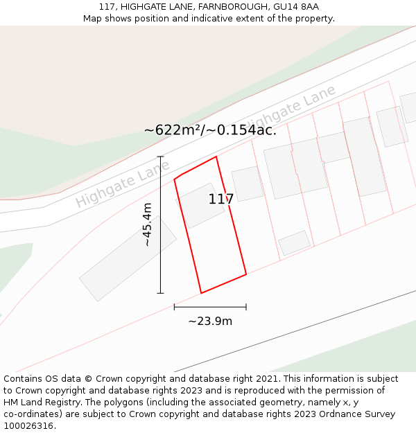 117, HIGHGATE LANE, FARNBOROUGH, GU14 8AA: Plot and title map