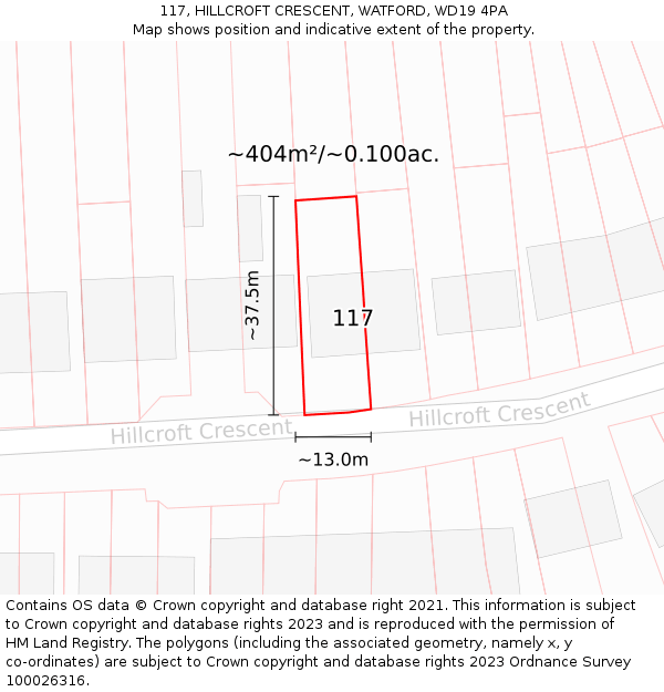 117, HILLCROFT CRESCENT, WATFORD, WD19 4PA: Plot and title map