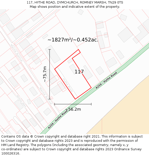 117, HYTHE ROAD, DYMCHURCH, ROMNEY MARSH, TN29 0TS: Plot and title map